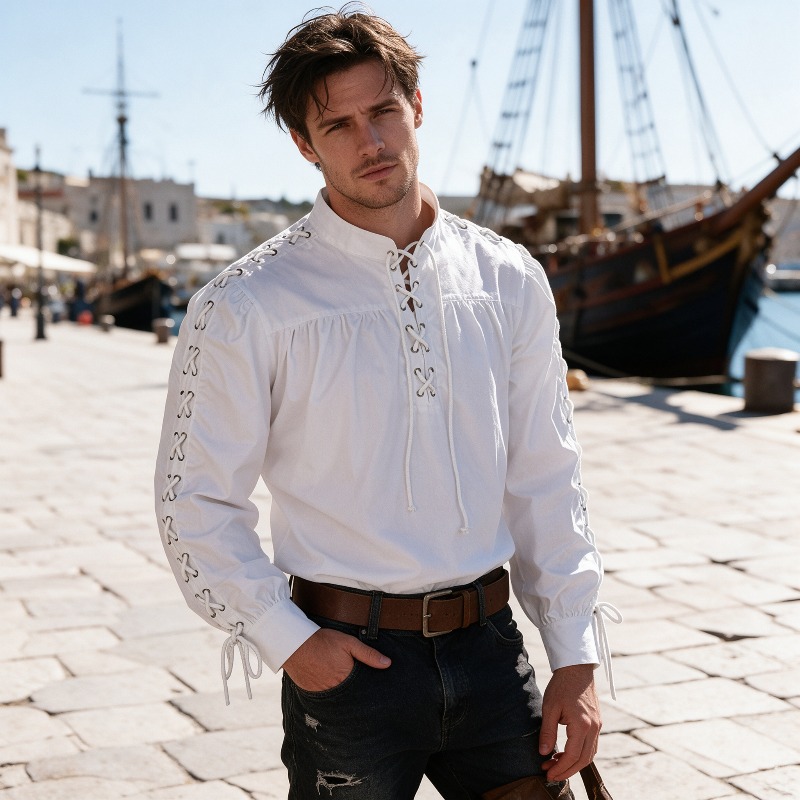 Medieval Gothic Lace Up Pirate Shirt - Kemeja bergaya abad pertengahan dengan tali