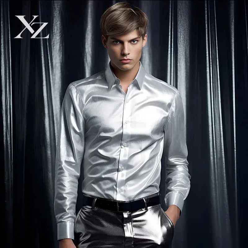 Kemeja Pria Bahan Satin Bertek - Mens Satin Silk Dress Shirt ulasan dan harga