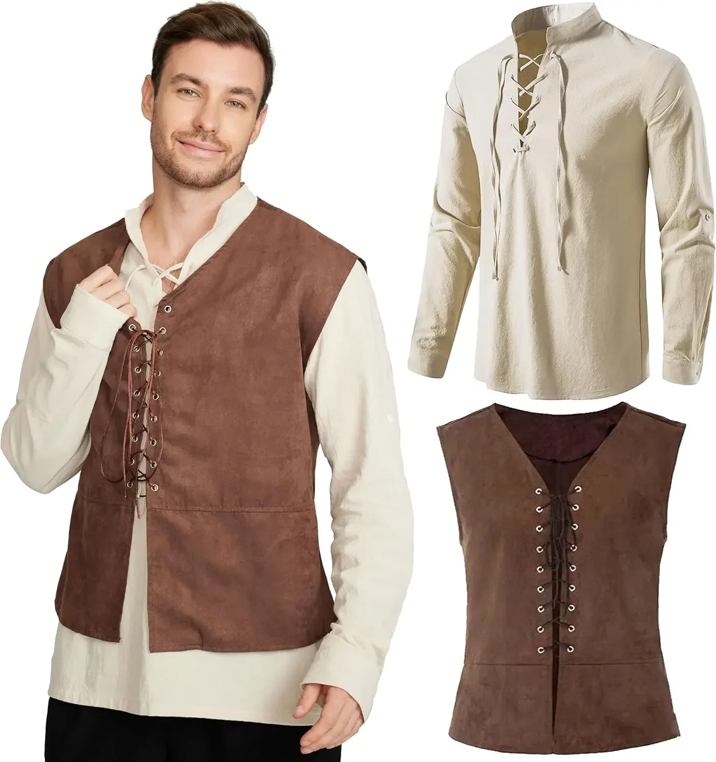 Set 2-Potong Rompi Bajak Laut  - Medieval Gothic Lace Up Pirate Shirt ulasan dan harga
